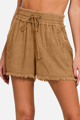 Zenana Washed Linen Frayed Hem Drawstring Shorts OutfitFlow